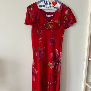 vintage floral ruffle silk maxi dress